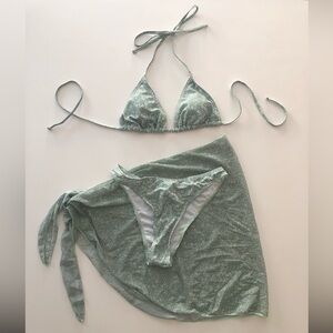 NWT Matching Floral Bikini Set- Sage Green Bikini with Mesh Wrap Skirt Size XS